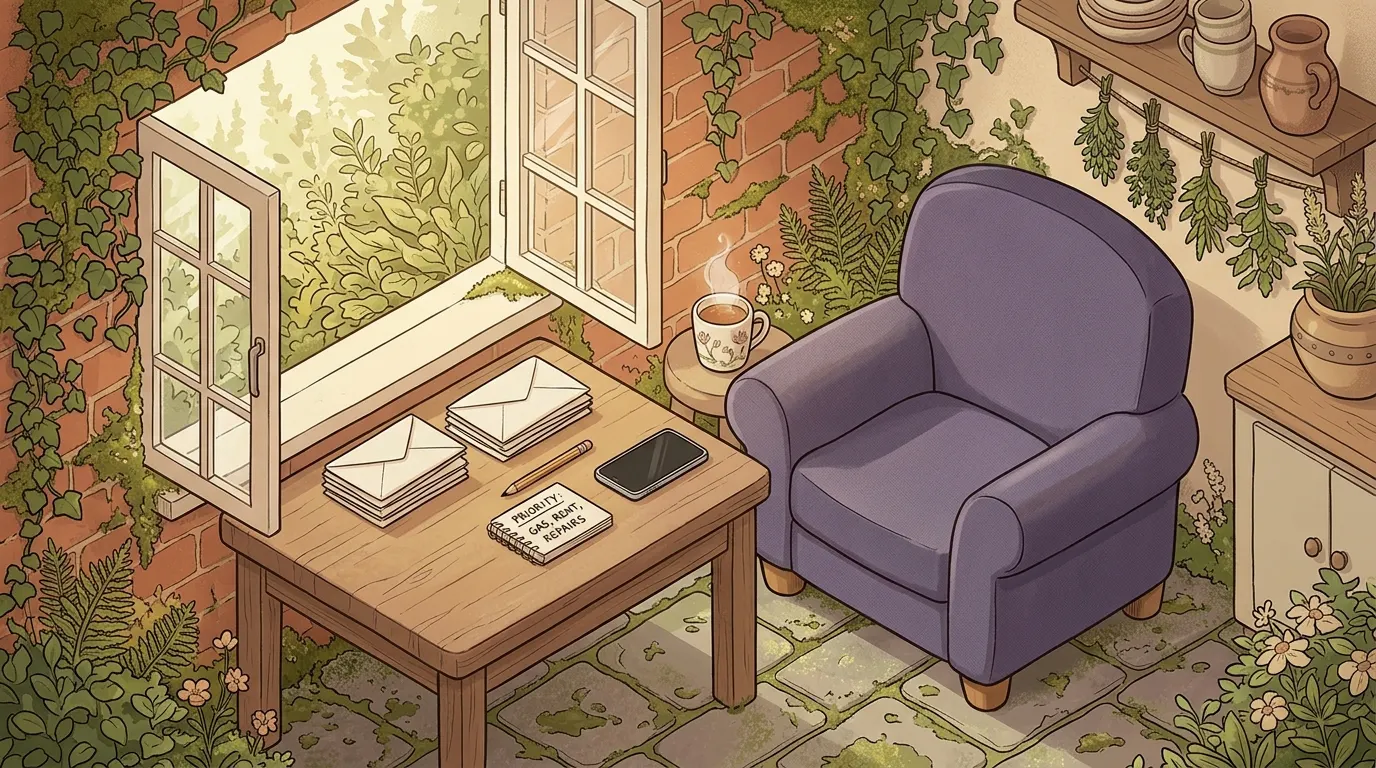 The same table in daylight, the envelopes opened and sorted into neat piles