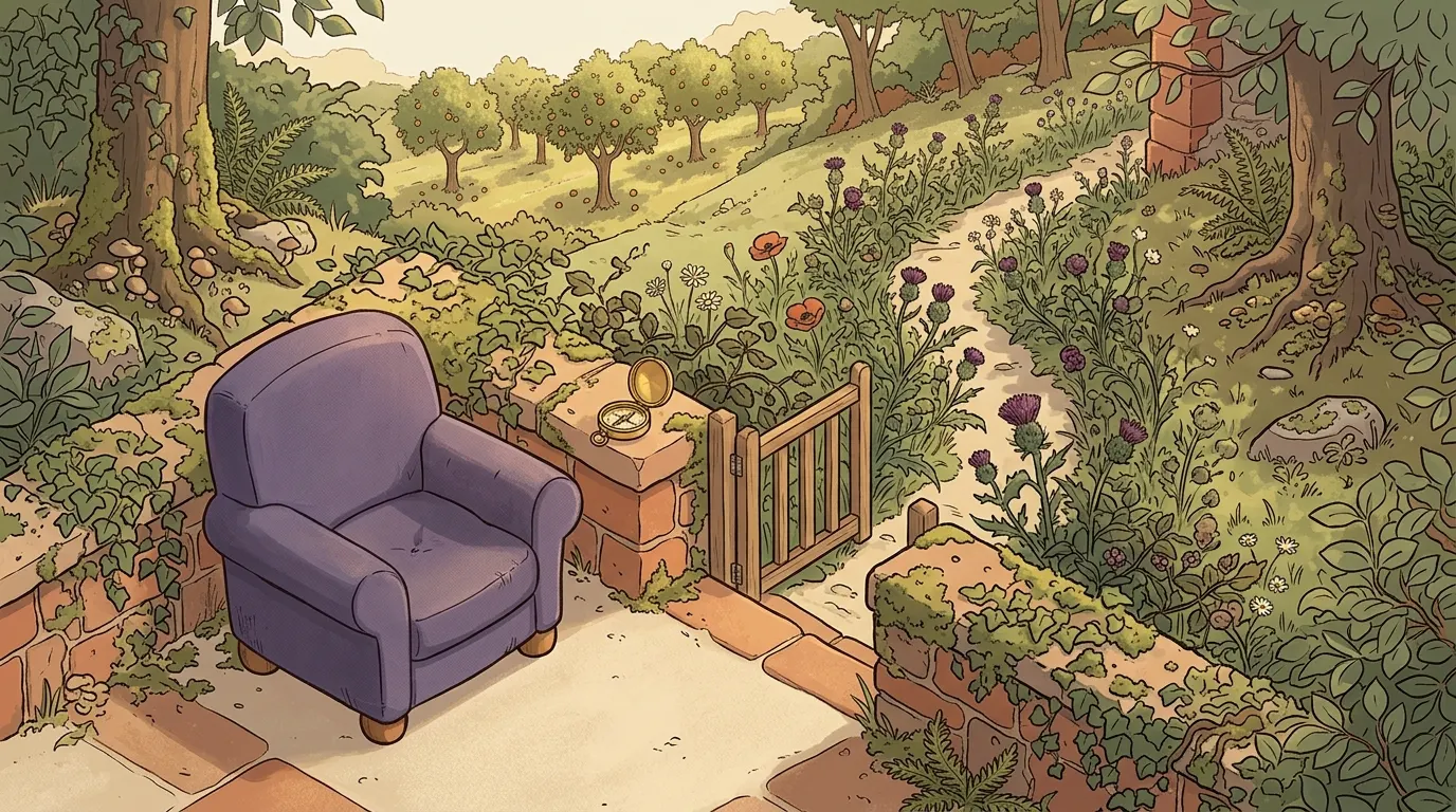 A garden path running on through thistles towards a sunlit orchard