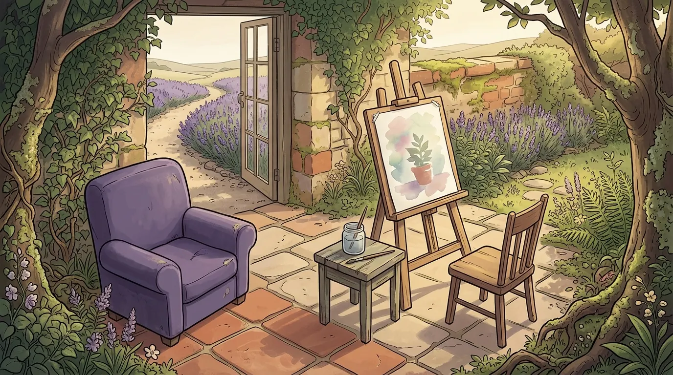 The easel seen from the armchair, the wash further along and a second chair turned towards it