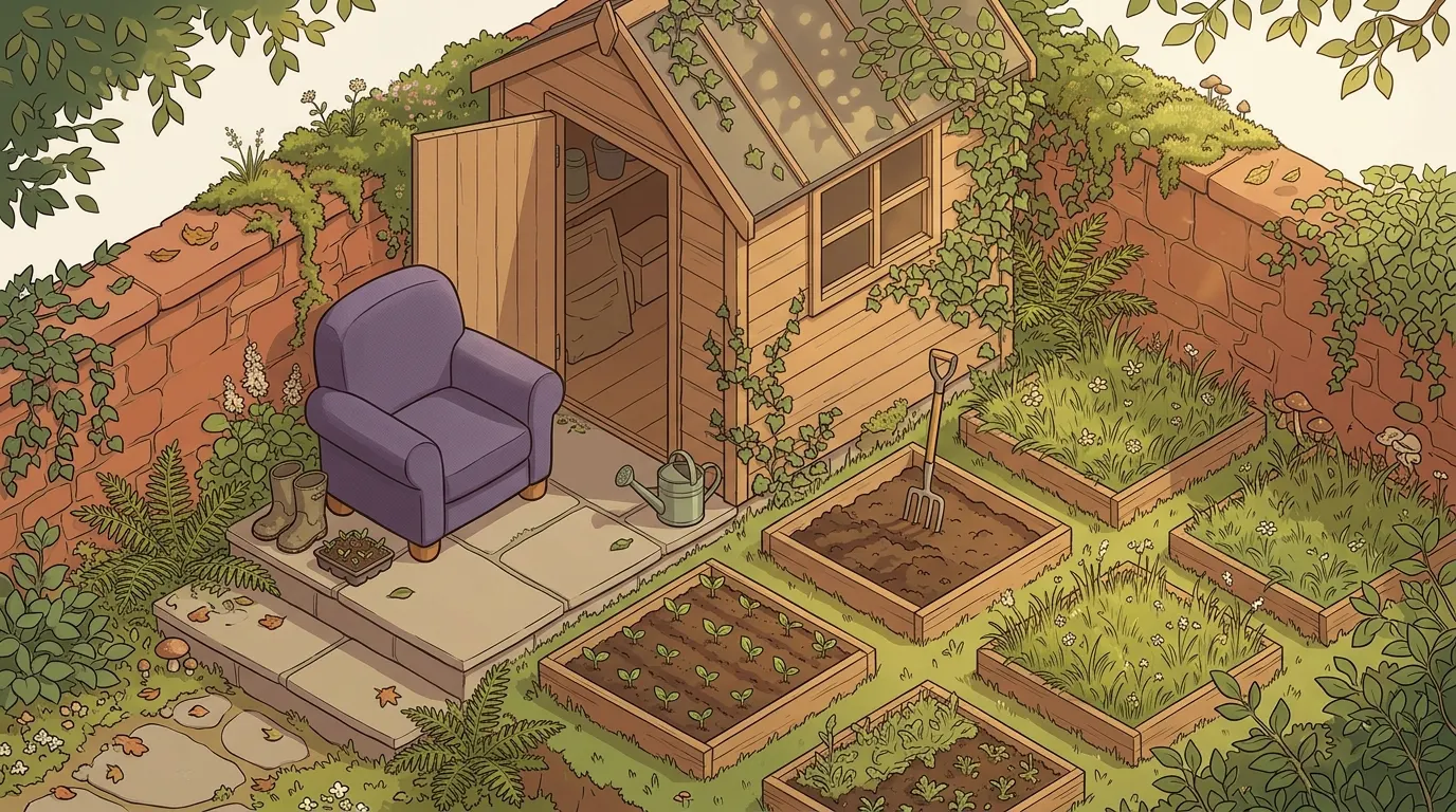 A hillside allotment with one bed freshly planted and the rest still overgrown
