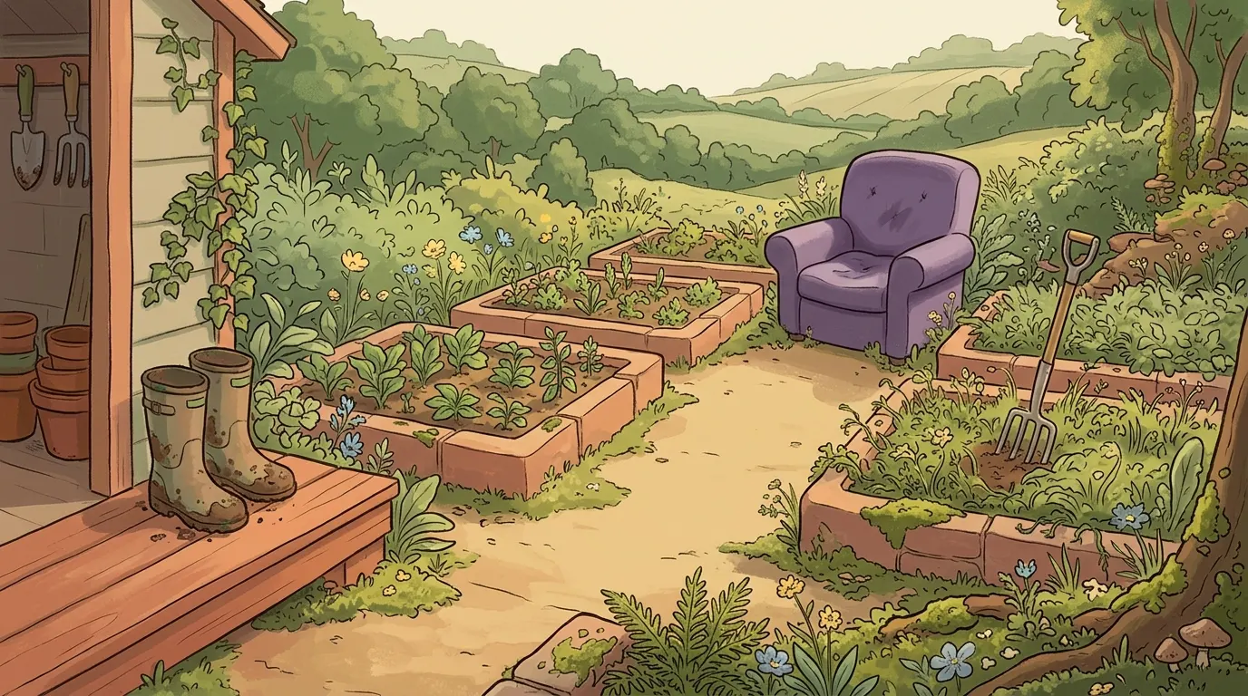 The same allotment weeks later, several beds green and the fork moved on