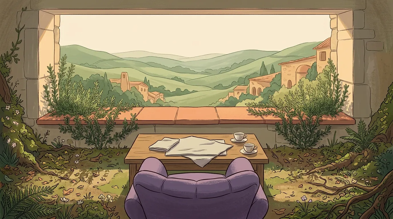 The garden seen from the kitchen table, the second cup now empty