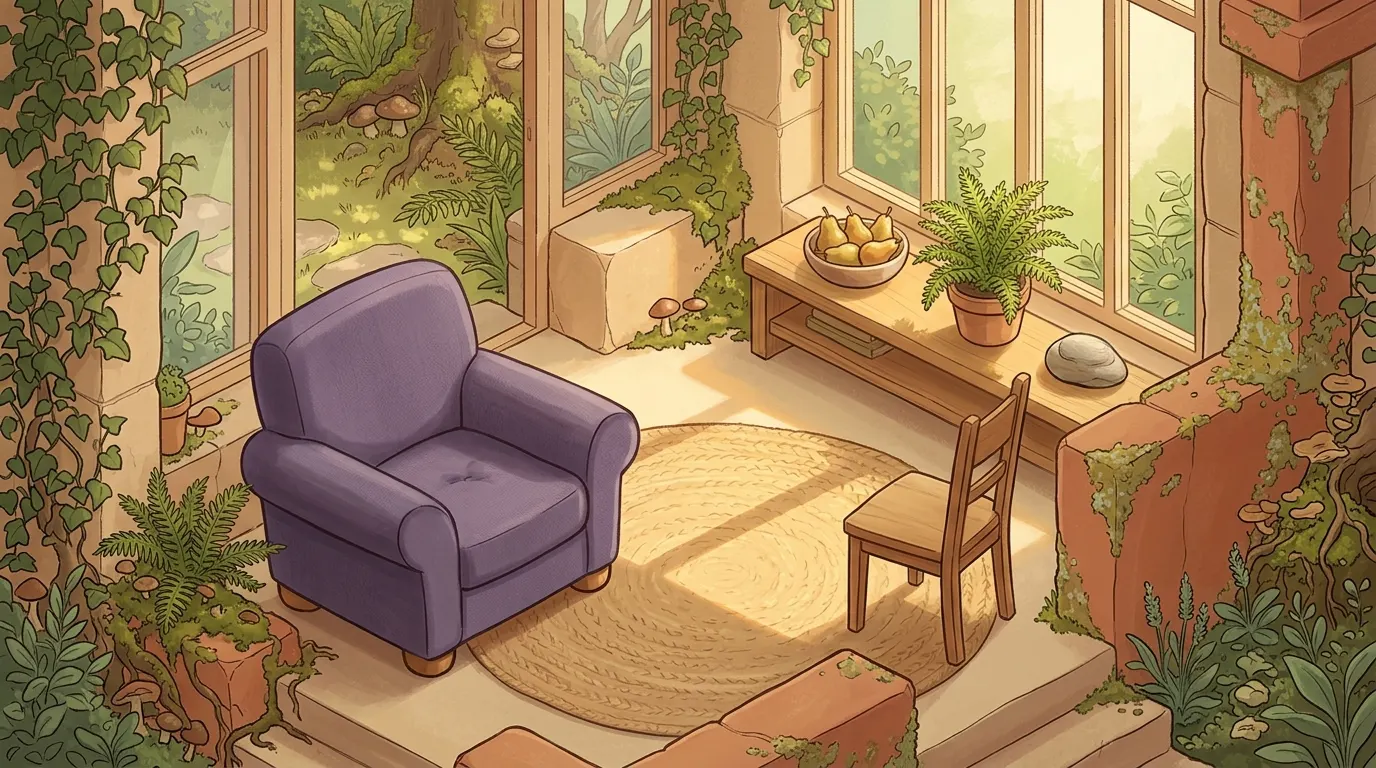 A sunlit garden studio where an armchair faces an empty wooden chair across a woven rug