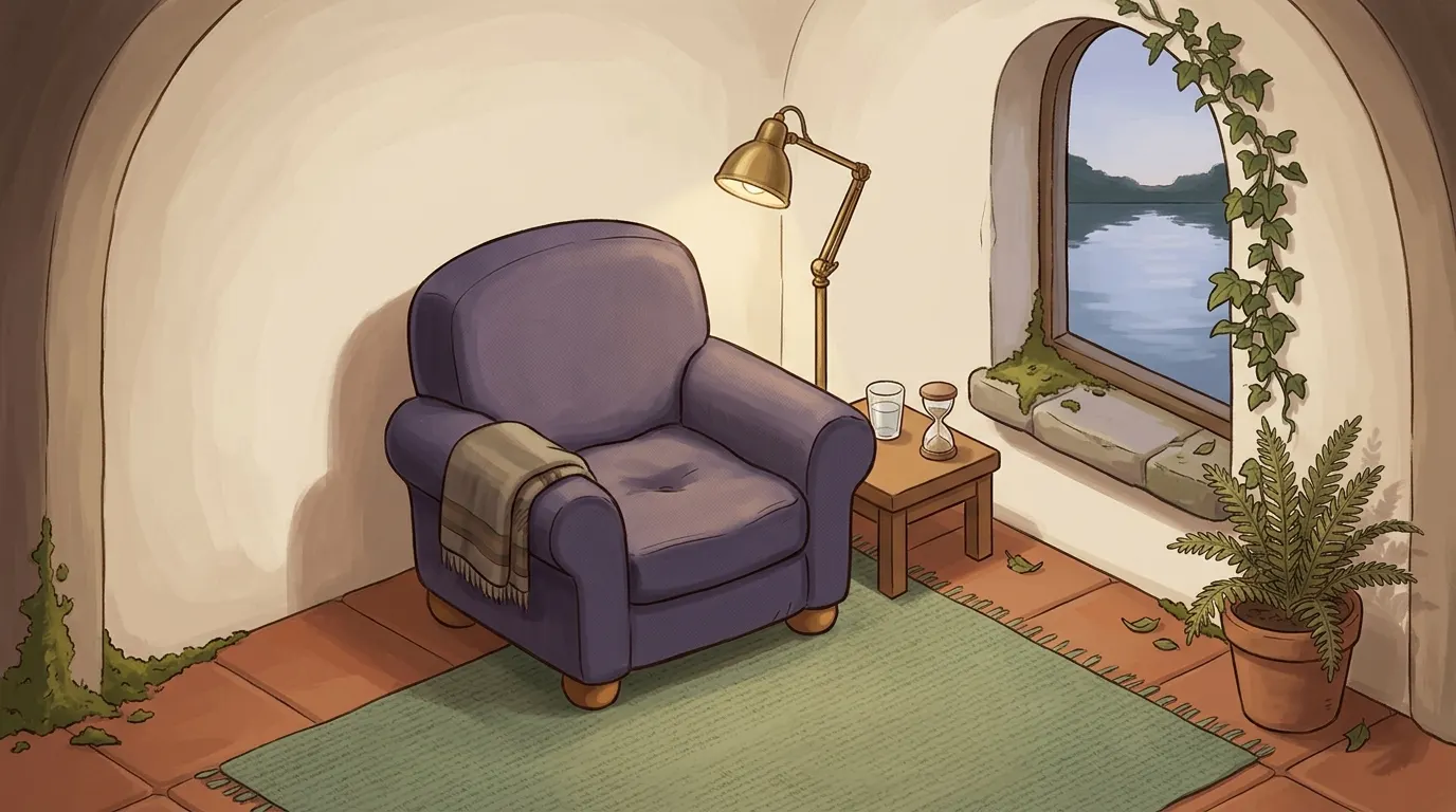 A quiet reading room at dusk with a single lamp, a soft blanket and a window onto a still lake
