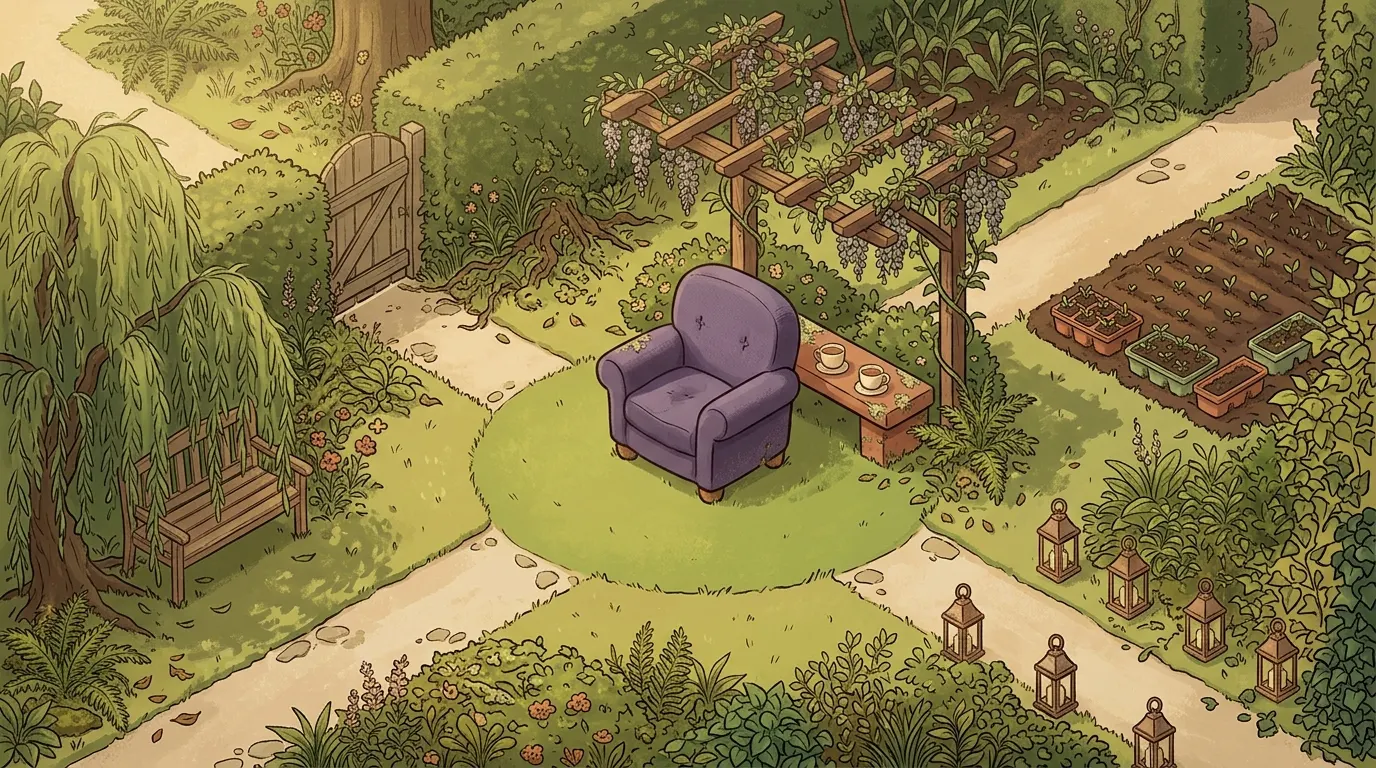 Four stone paths meeting at a small lawn under a wisteria pergola, with the lavender armchair at the centre