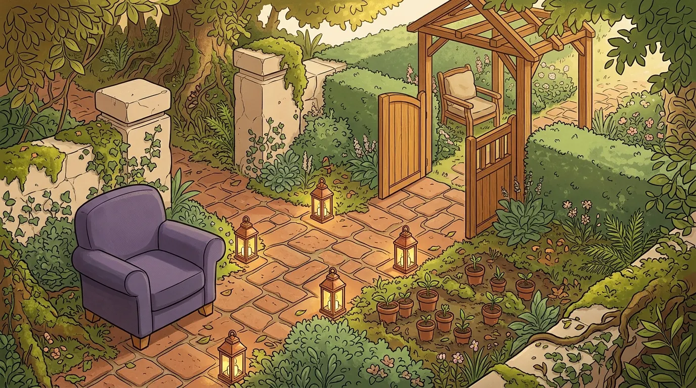 One of the paths seen from the armchair, its lanterns lit and a gate open into the next garden