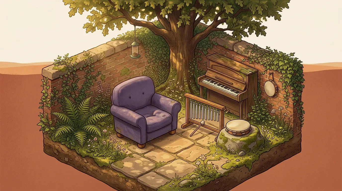 A sheltered corner of a walled garden with chime bars, a hand drum and an upright piano