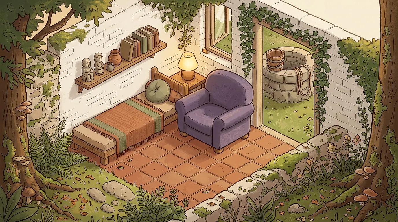 A garden room with a low daybed and the armchair at its head, and an old stone well outside the open door