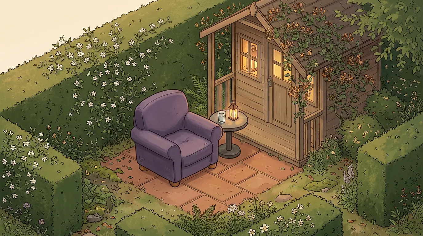 A private walled garden room at dusk, with the lavender armchair on a terrace beside a lit summer house