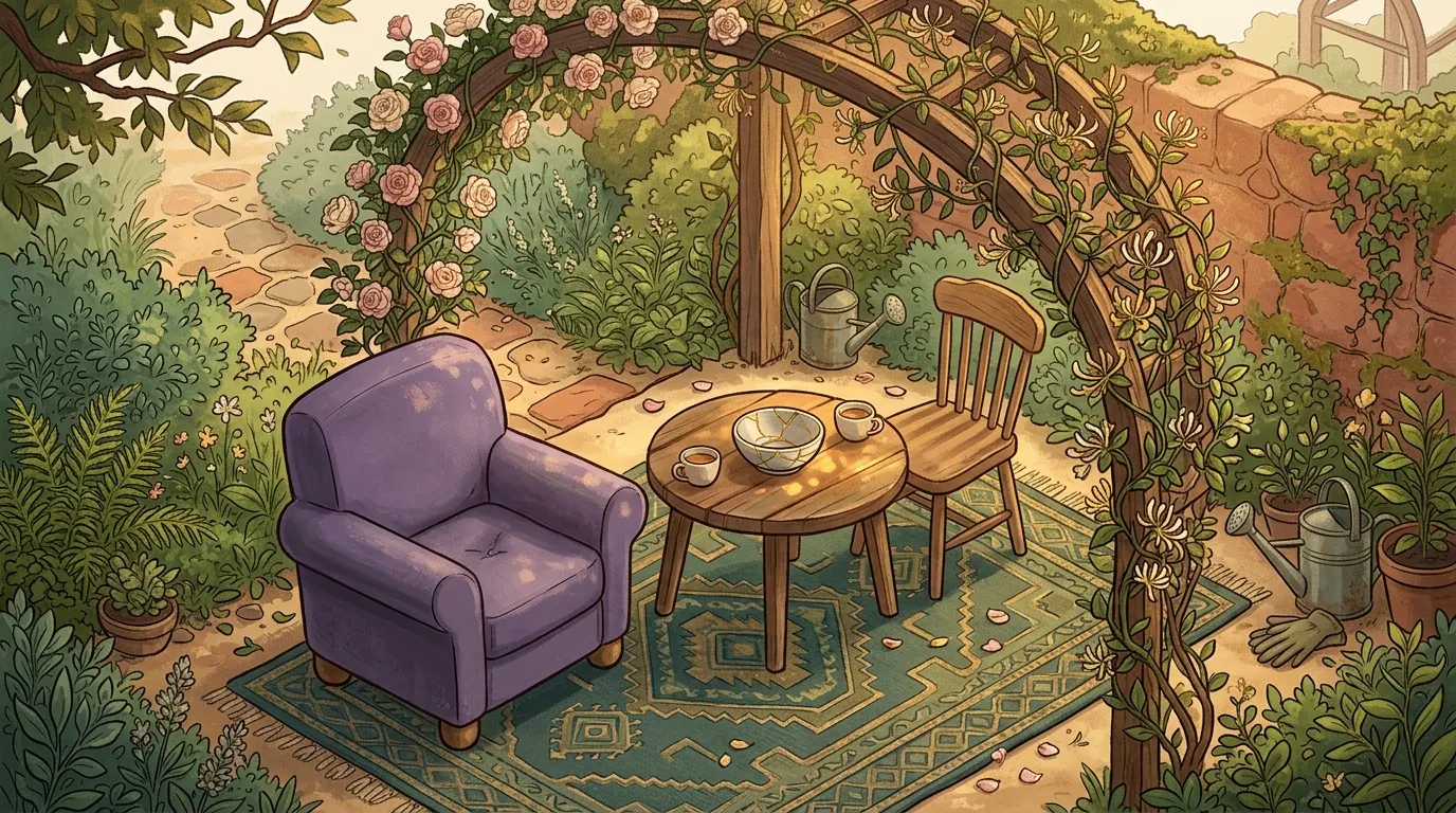 The view from the armchair to the second chair, across a small table with a bowl mended in gold