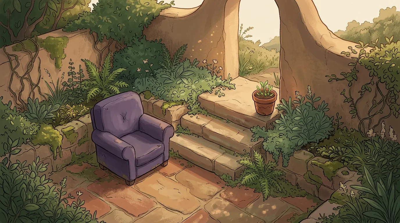 Three shallow stone steps rising from a garden towards a lit opening in a wall