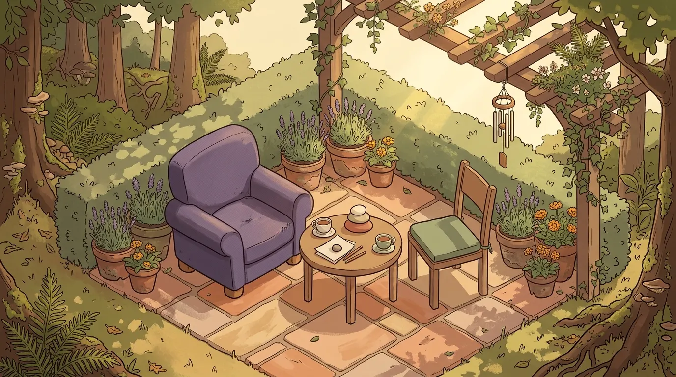 Two chairs facing each other on a garden terrace, with three river stones stacked on the table between them