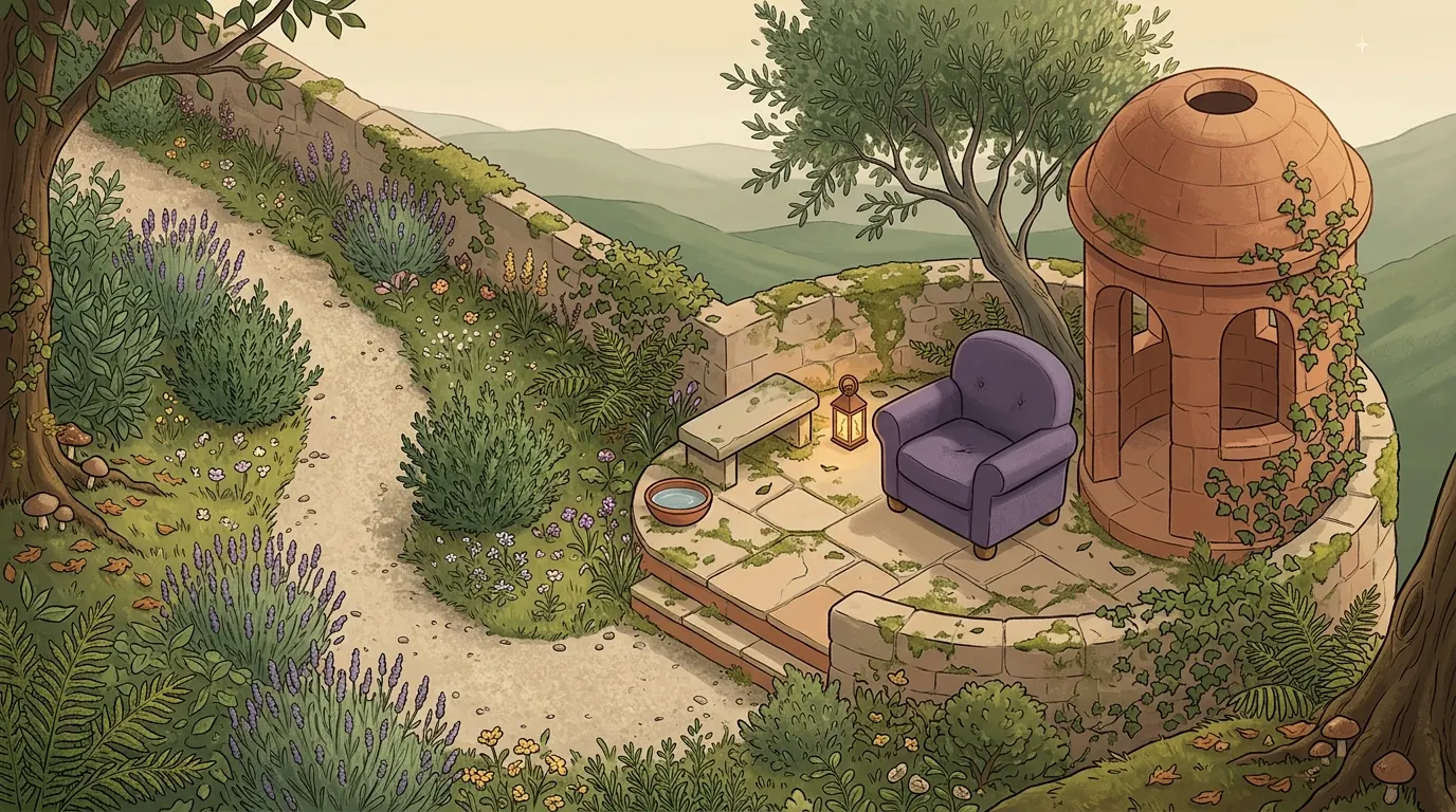 A hilltop garden with a small round stone pavilion open to the evening sky beside the chair