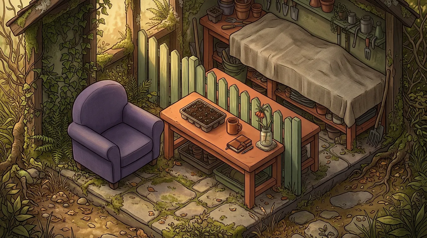 A lavender armchair beside a potting bench with a seed tray and mug, the cluttered bench behind now covered