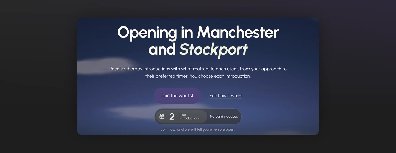 The Manchester and Stockport page for therapists, with a button to join the waitlist and two free introductions.