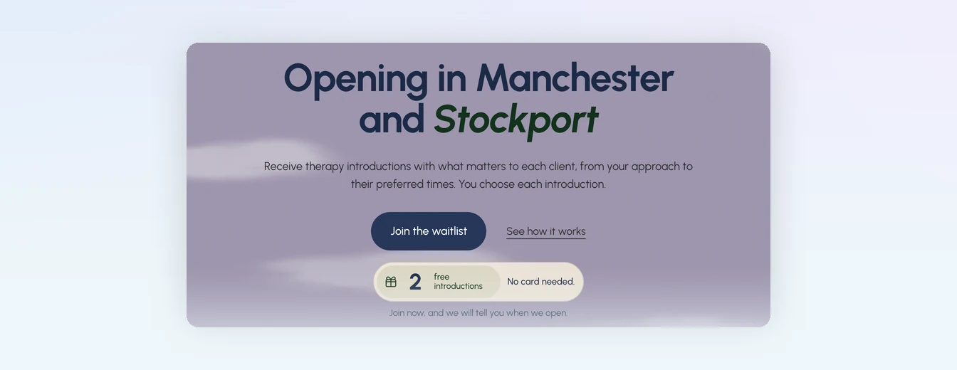 The Manchester and Stockport page for therapists, with a button to join the waitlist and two free introductions.