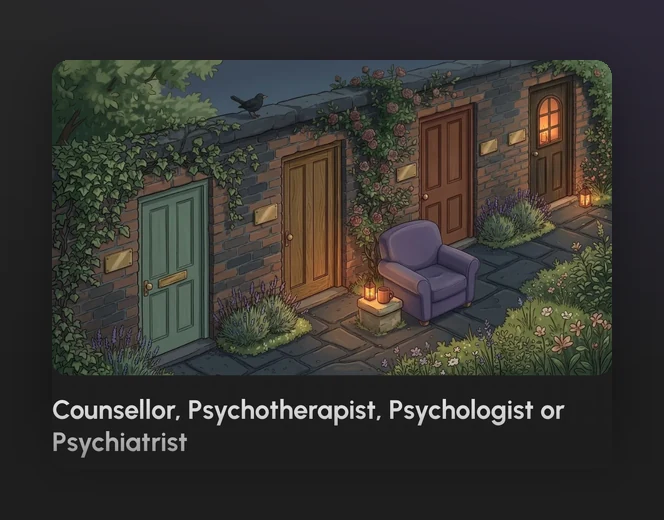 The guide to the titles counsellor, psychotherapist, psychologist and psychiatrist, with the lavender chair by a row of doors.
