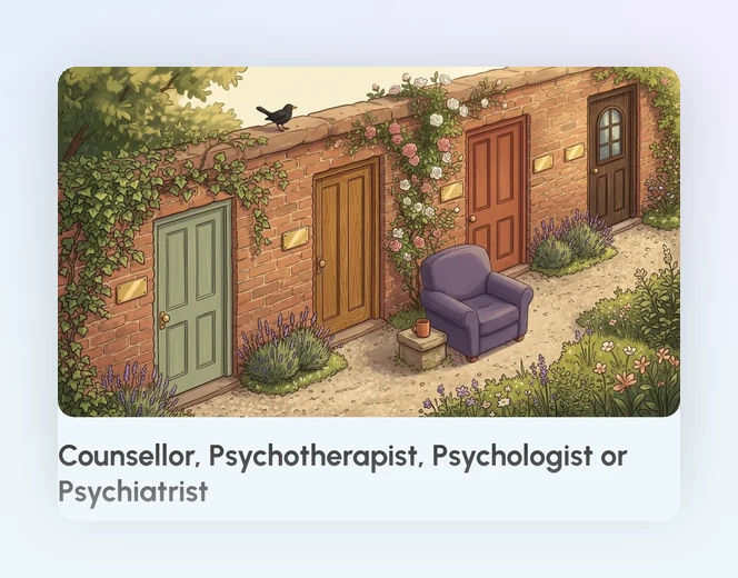 The guide to the titles counsellor, psychotherapist, psychologist and psychiatrist, with the lavender chair by a row of doors.