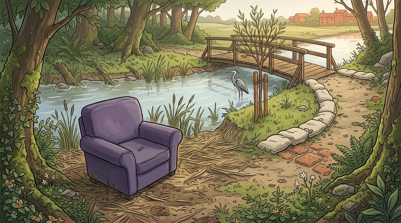 The same riverbank from the chair, the water settled, the sapling staked and a heron standing in the shallows