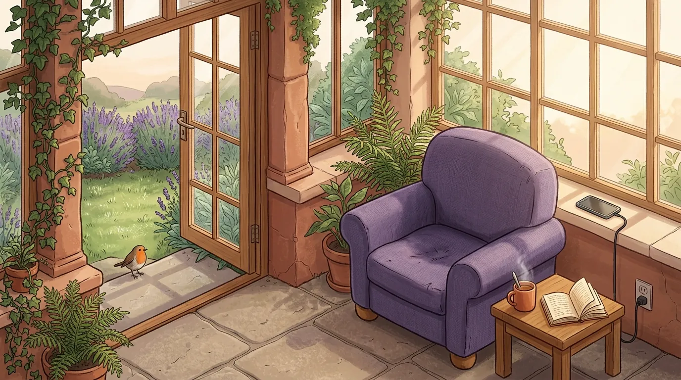 The lavender armchair in the garden room at sunrise, the door open onto the lawn and the phone charging on the windowsill
