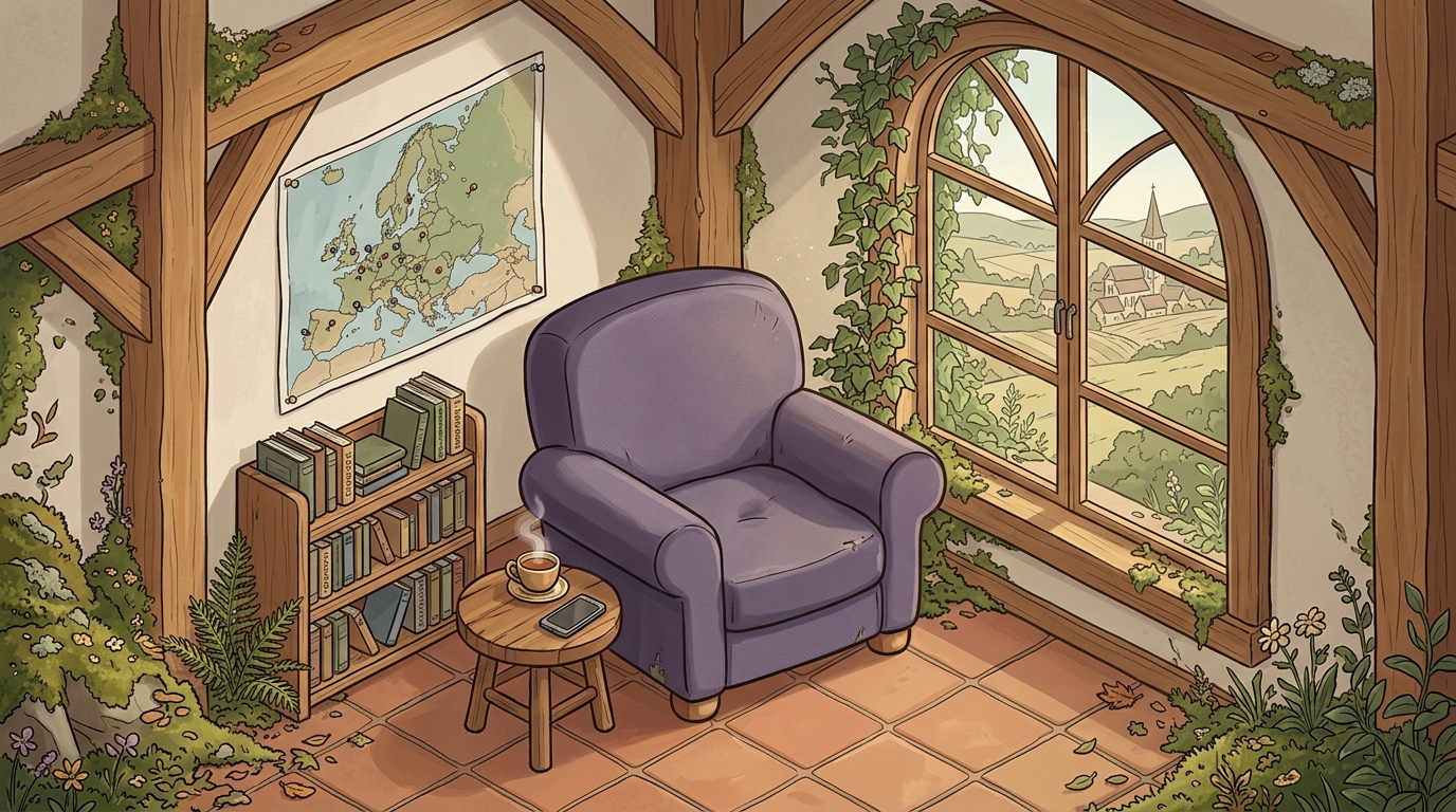 A cosy reading nook with a view of rolling European hills