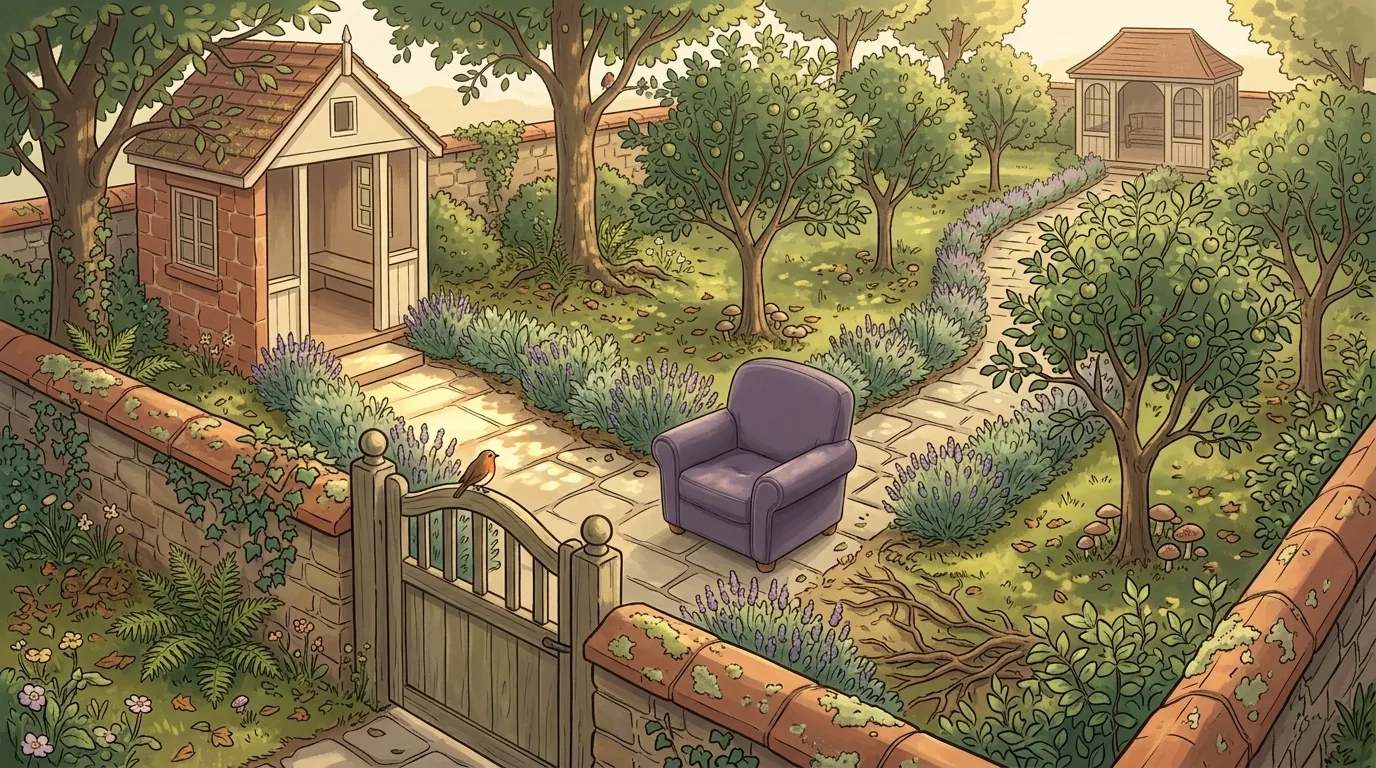 Two garden paths from the same gate, one short and sunlit, one longer and winding through an orchard