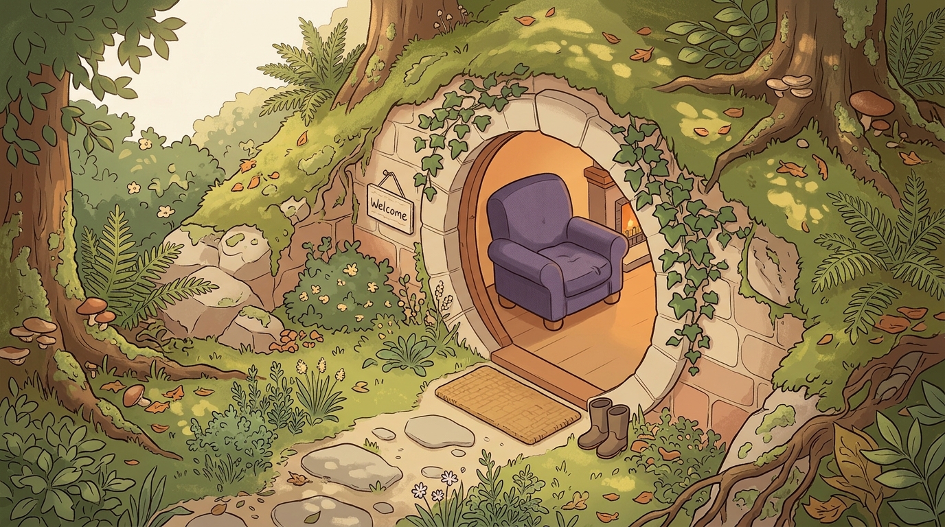A welcoming doorway in a hillside leading to a warm interior
