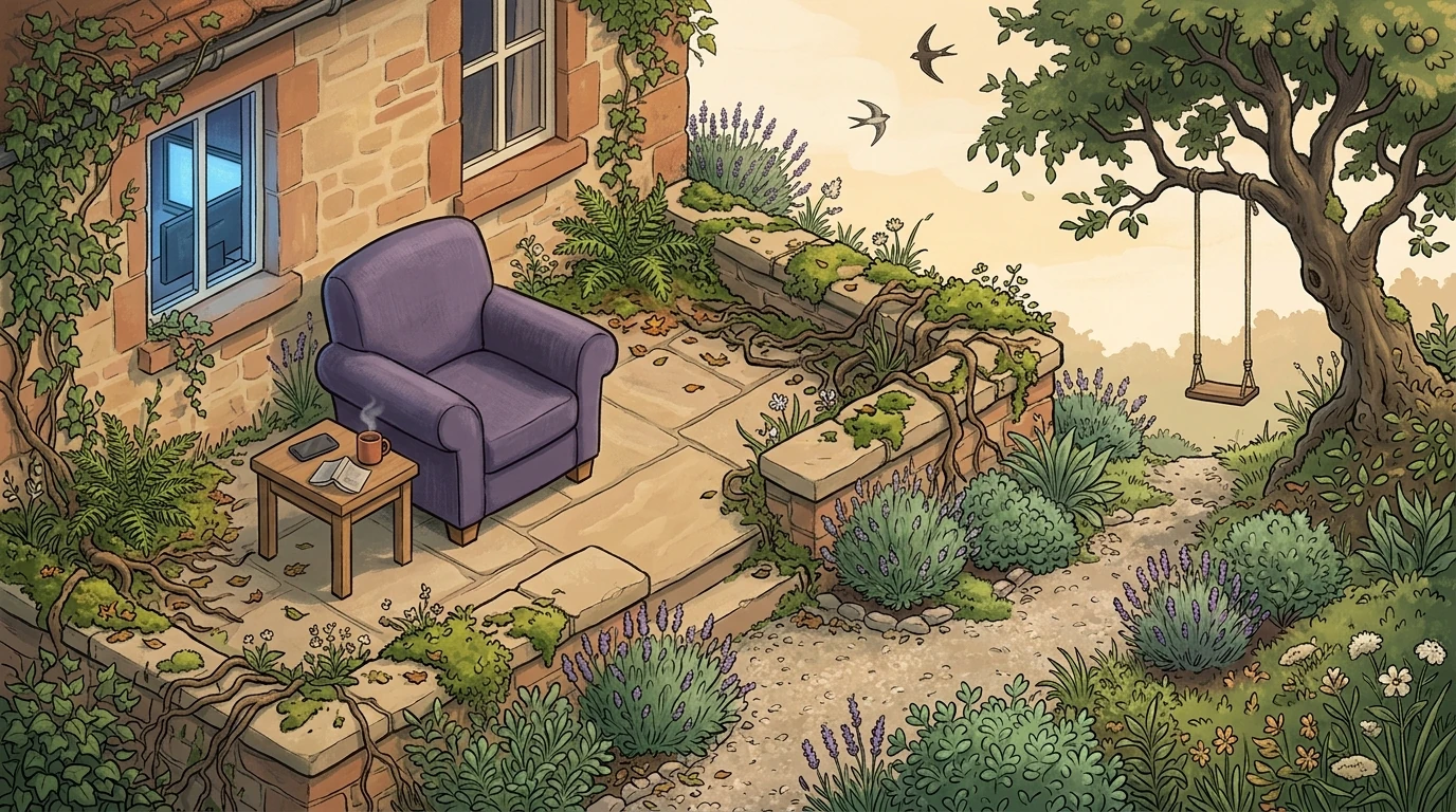 A stone terrace in early evening, a lavender armchair beside a small table where a phone lies face down, and a path leading to an apple tree with a swing