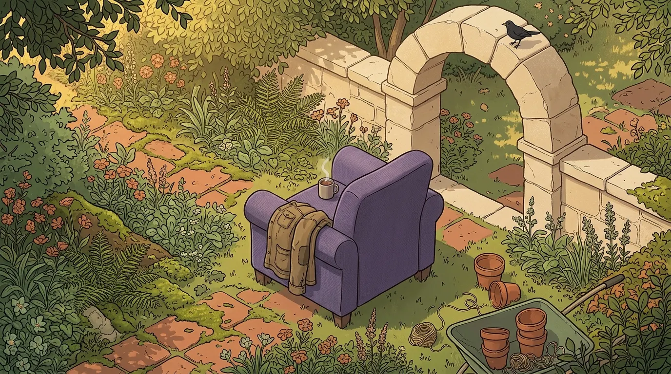 The same path further on, with the wheelbarrow load partly unpacked and a chair beside it