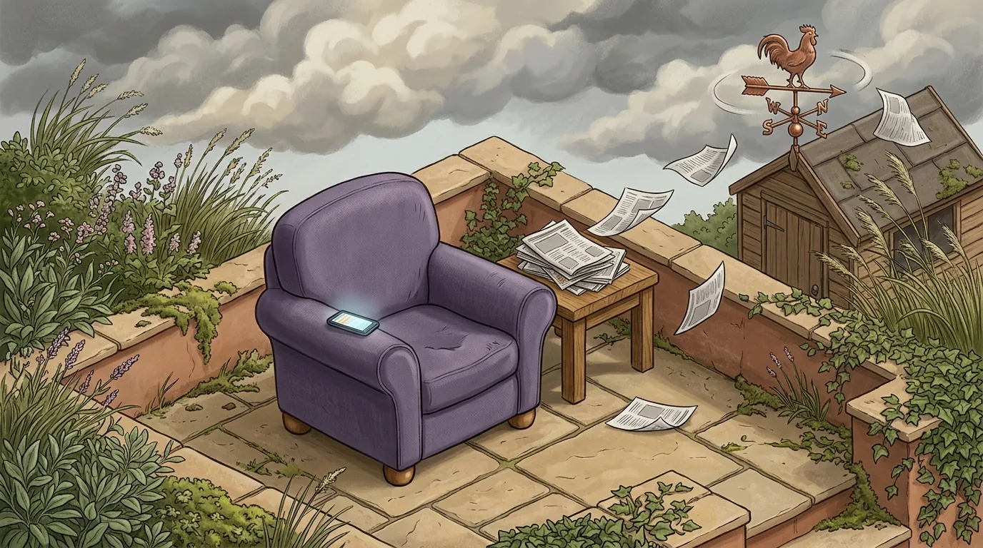 A lavender armchair on a windy terrace, loose newspaper pages lifting off the table and a weathervane turning in every direction