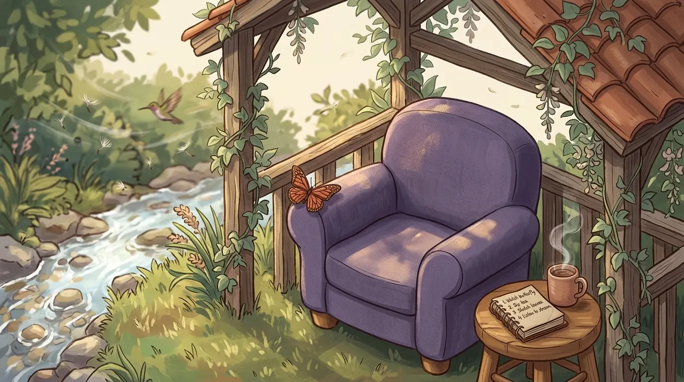 A lavender armchair under a wooden shelter by a stream, a butterfly on its arm and a notebook beside it