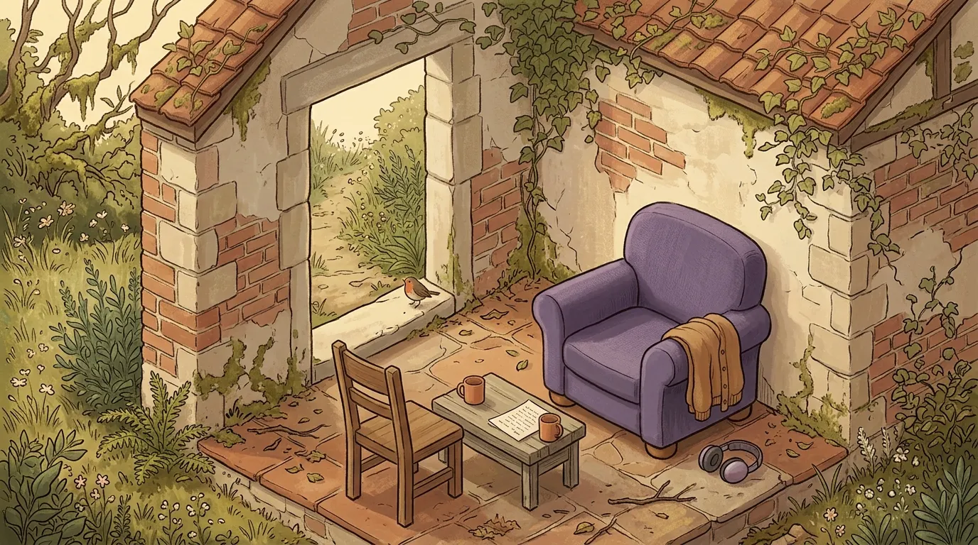 Two chairs set at an angle in a garden room, with a written page on the table between them