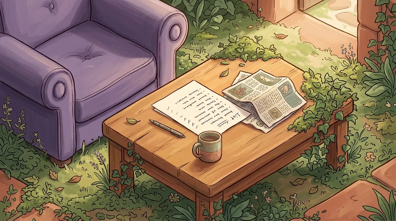 A lavender armchair beside a low table with a handwritten list, a pen, a folded newspaper and a mug