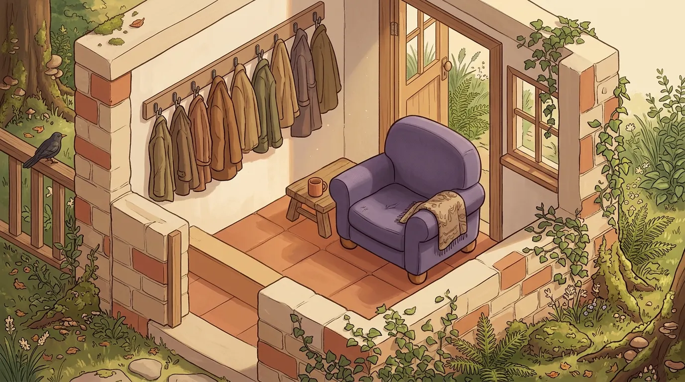 A garden porch with a row of coats hung by the door, and a chair inside where none are needed