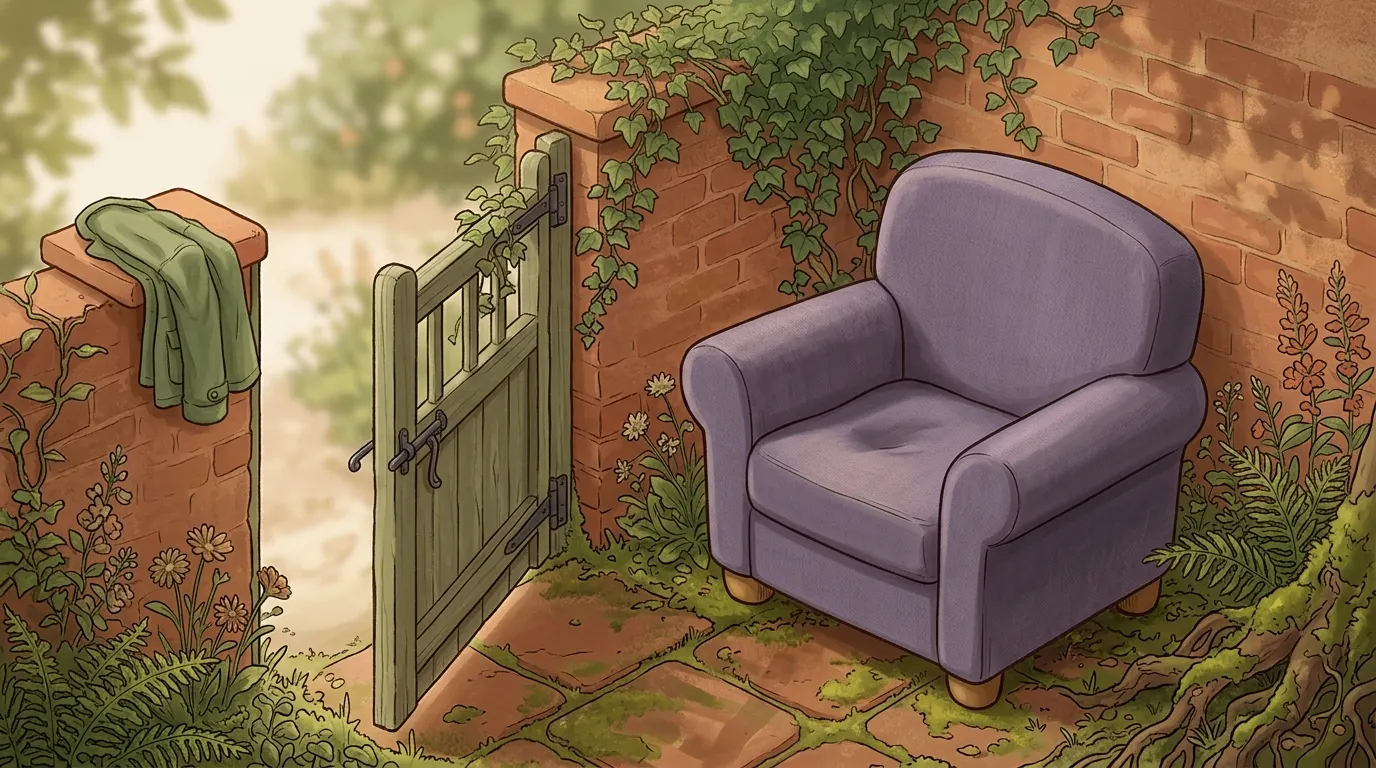 The same open gate from inside the walled garden, a jacket on the gatepost and a lavender armchair nearby