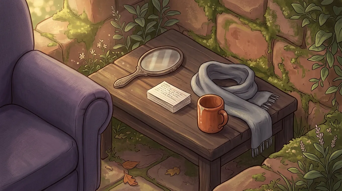 The same table close up, the hand mirror now face up beside a notecard, a mug and a grey scarf