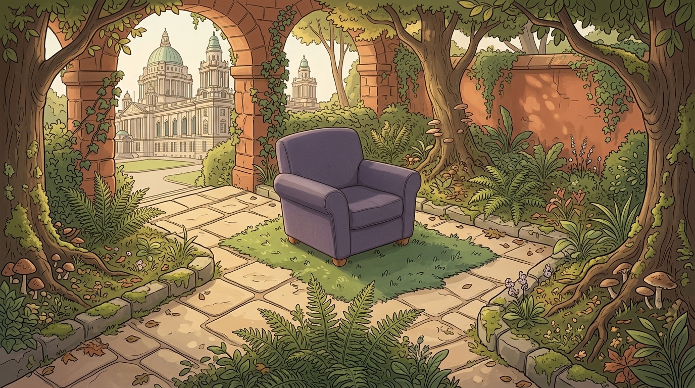 A lavender chair in a garden beside Belfast City Hall