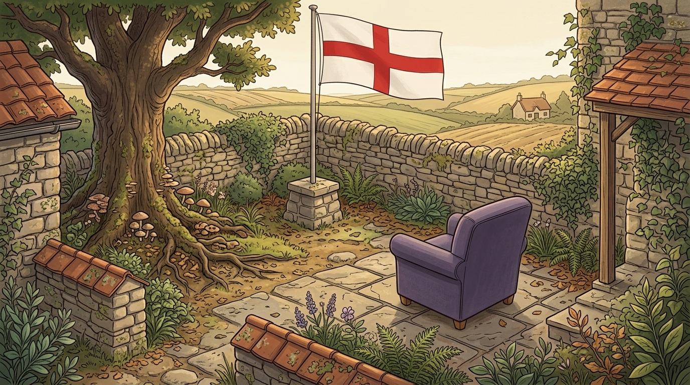 A lavender chair in a rural stone garden, beside a St George flag