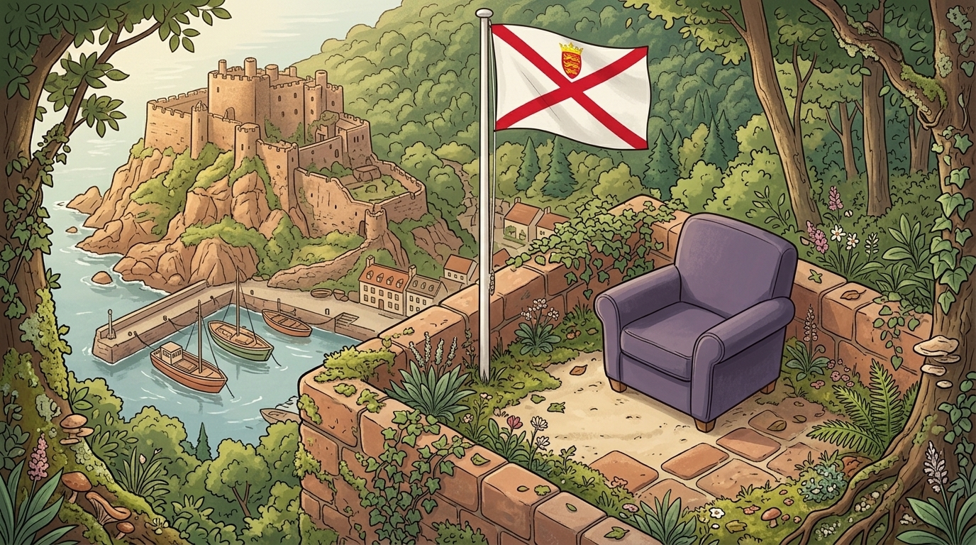 A granite garden terrace looking across Gorey harbour to Mont Orgueil, with the Jersey flag beside the chair