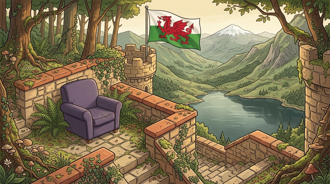 A lavender chair in Eryri, beside a stone wall and the Welsh dragon flag