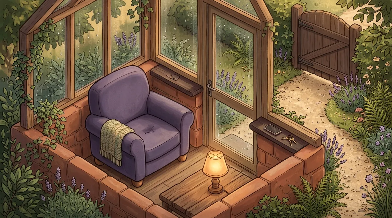 A lavender armchair in a small glazed porch after rain, a lamp lit on the table and a phone and keys on a shelf by the door