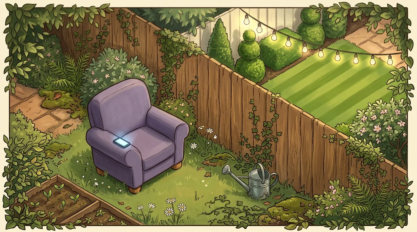 A lavender armchair on a small lawn facing a tall fence, a neighbour's flawless garden lit up beyond it