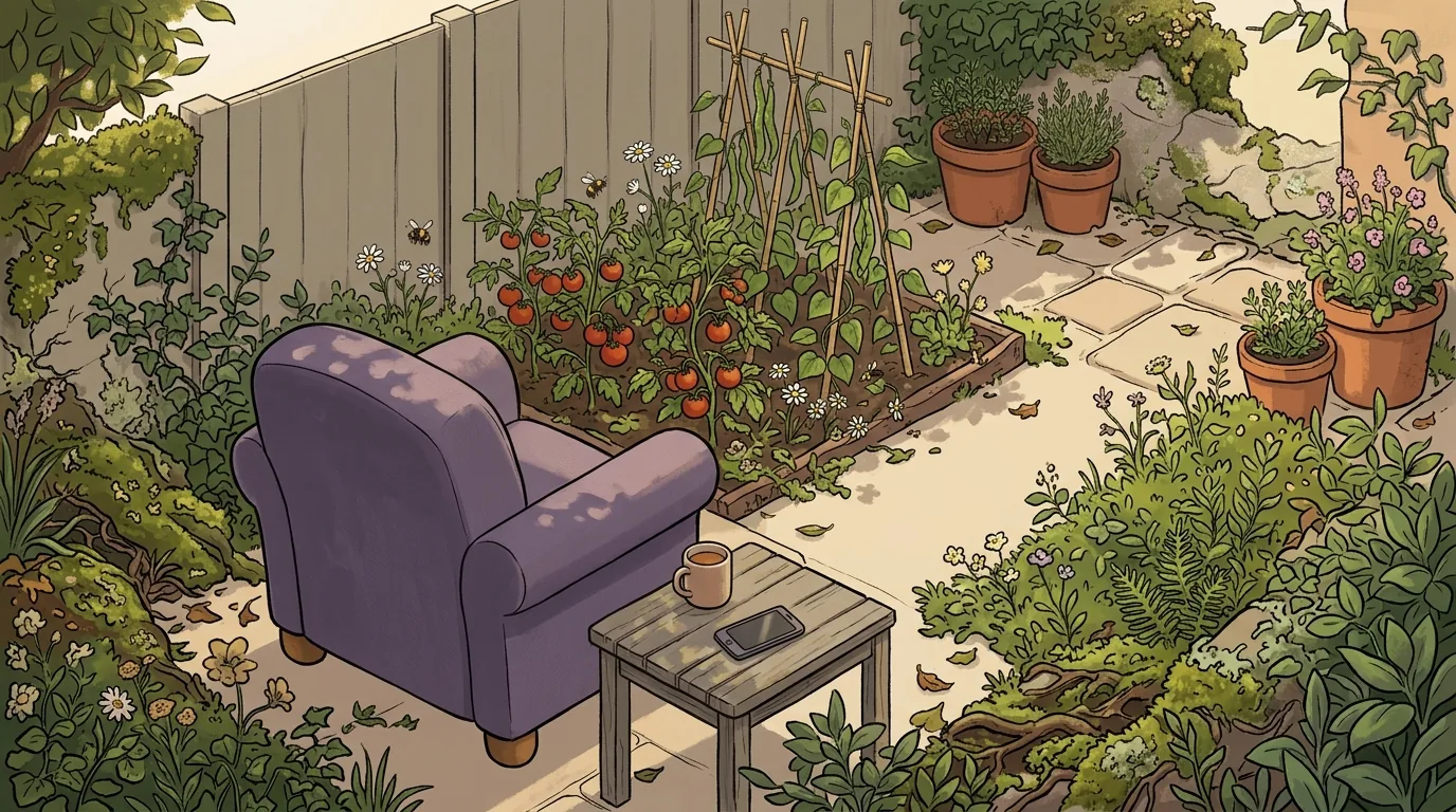 The lavender armchair turned round to face its own garden, a vegetable bed and wild flowers in warm evening light