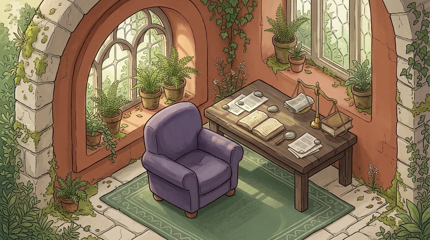 The lavender armchair beside a wooden desk of open books and notes, under arched windows lined with ferns