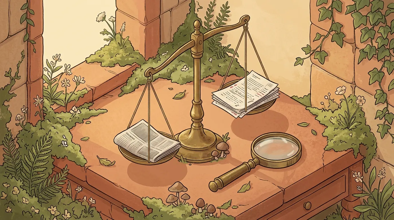 A set of brass scales on a desk weighing two bundles of paper against each other