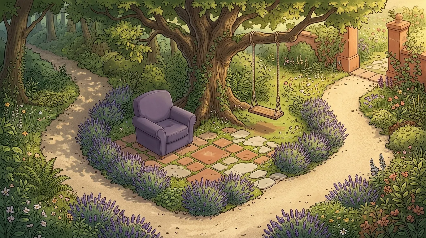 A lavender armchair where a garden path forks around an old oak with a swing on a low branch