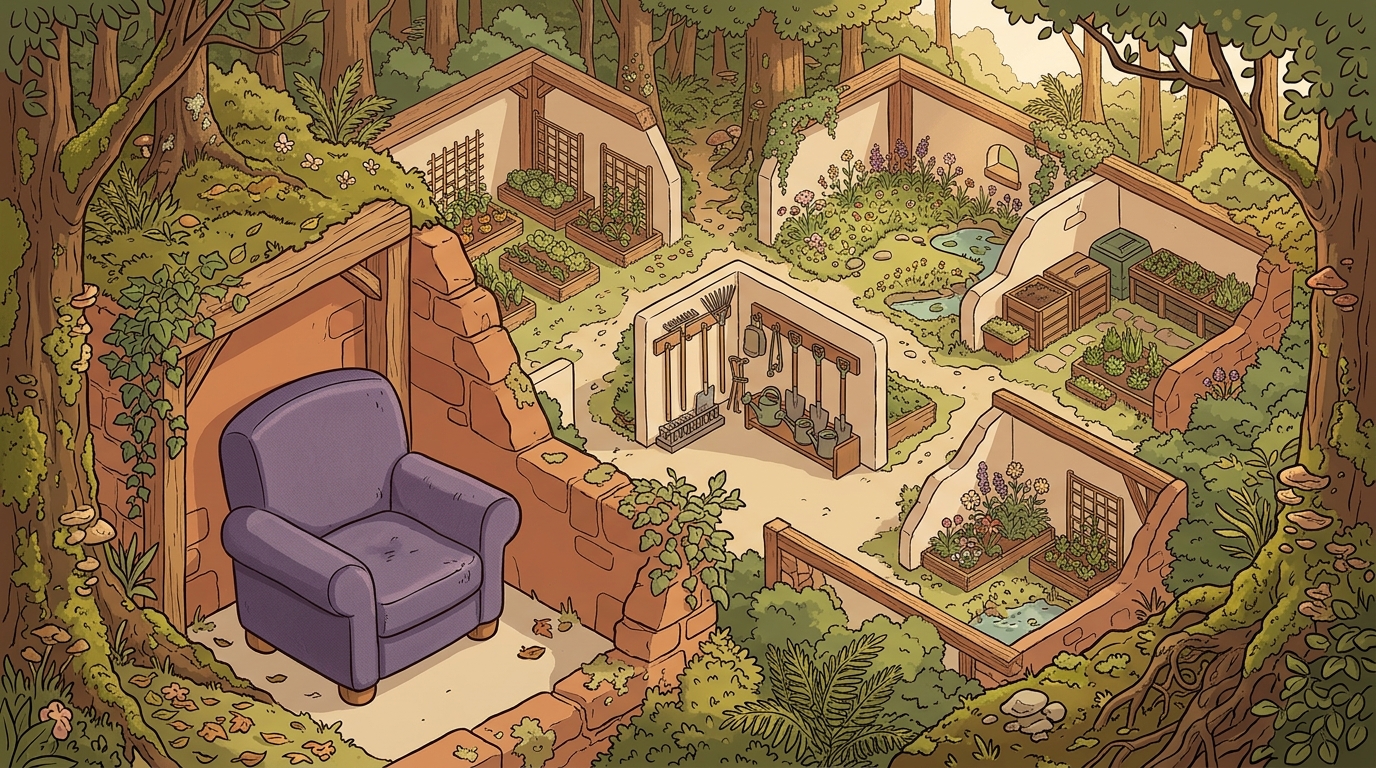 A warm community garden with many sheltered alcoves