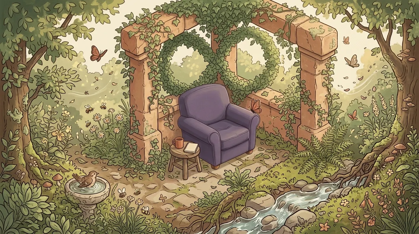 A lively garden with many things happening at once, and one clear sheltered spot to sit