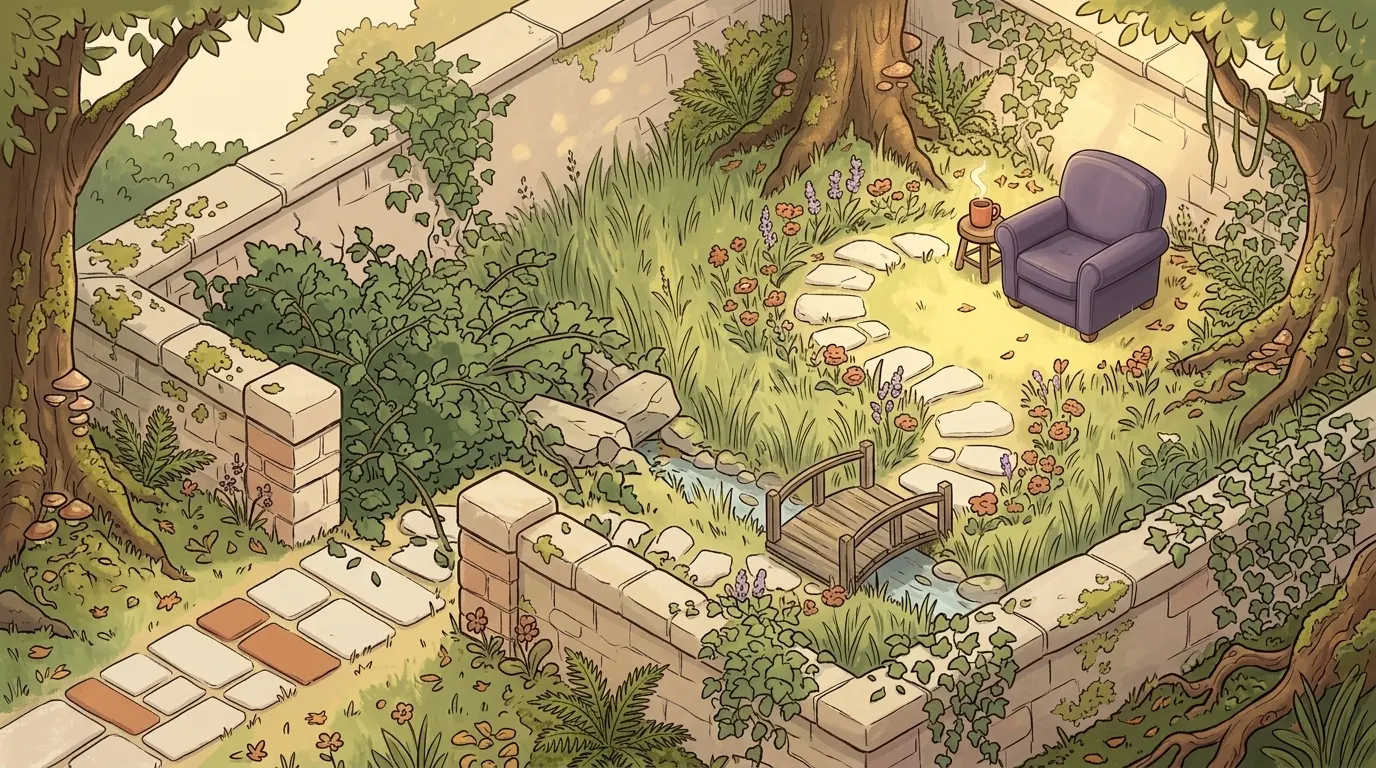 A garden where a well-worn direct route is closed and a longer winding path arrives at the same place