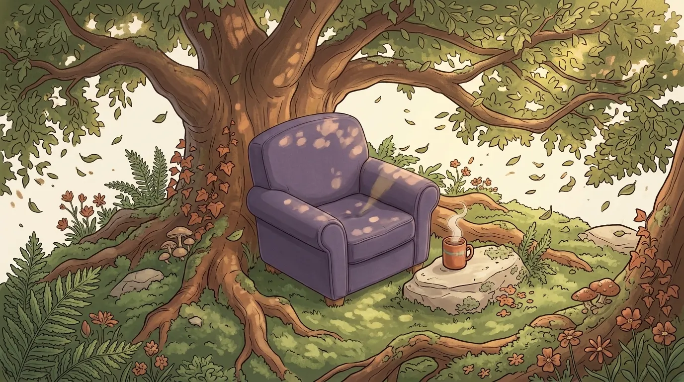 A sheltered garden seat under a great oak, private and unobserved, with the wind moving freely through the leaves